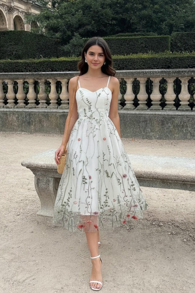Floral Embroidered Tulle Sweetheart Spaghetti Strap Fit and Flare Midi Dress