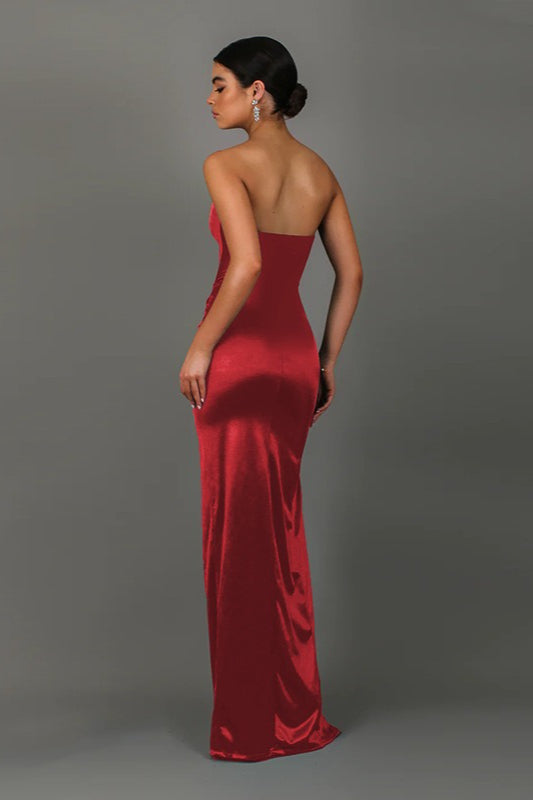 Satin Strapless Corset Twist Front High Split Maxi Gown