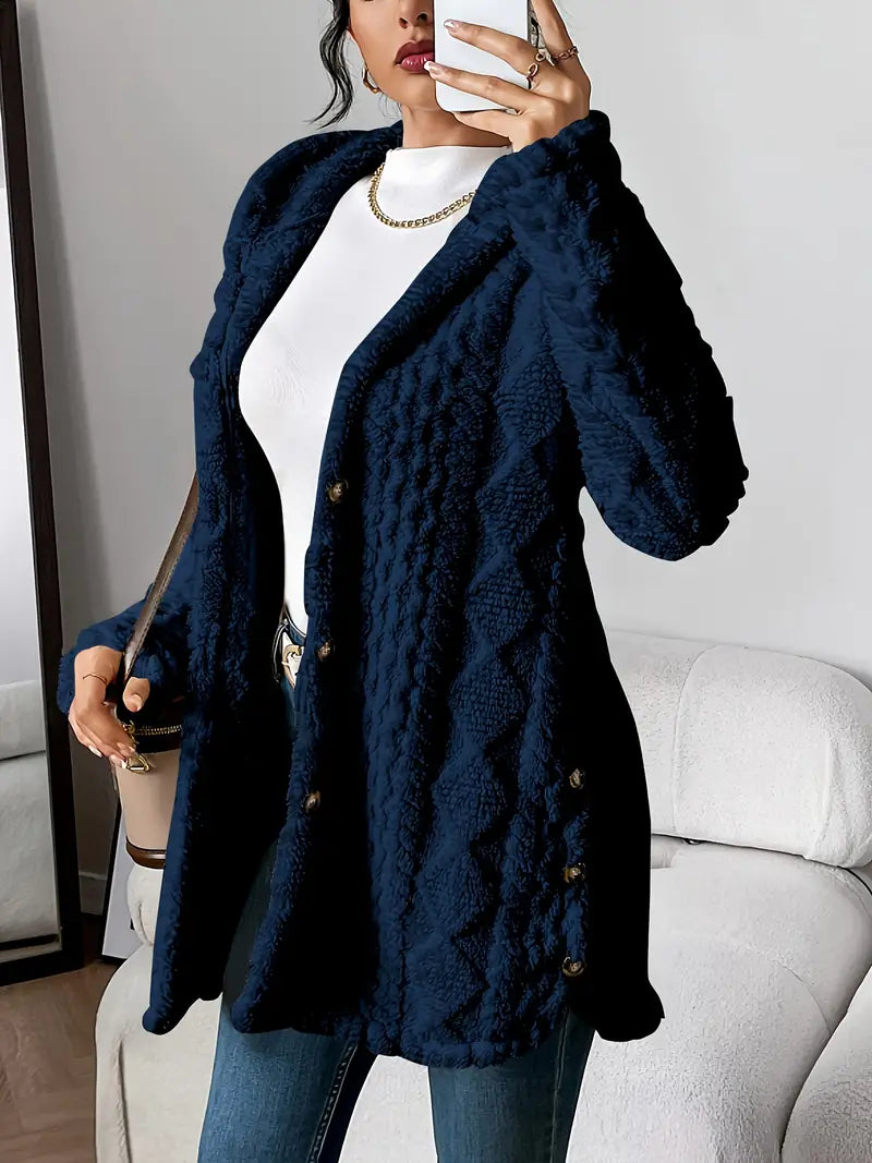 Textured Fleece Hooded Button Front Cardigan Coat