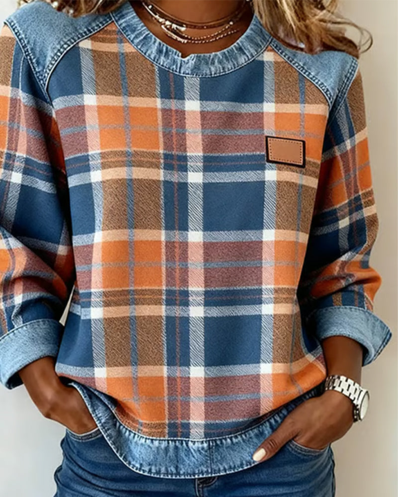 Crew Neck Plaid Denim Contrast Long Sleeve Sweatshirt