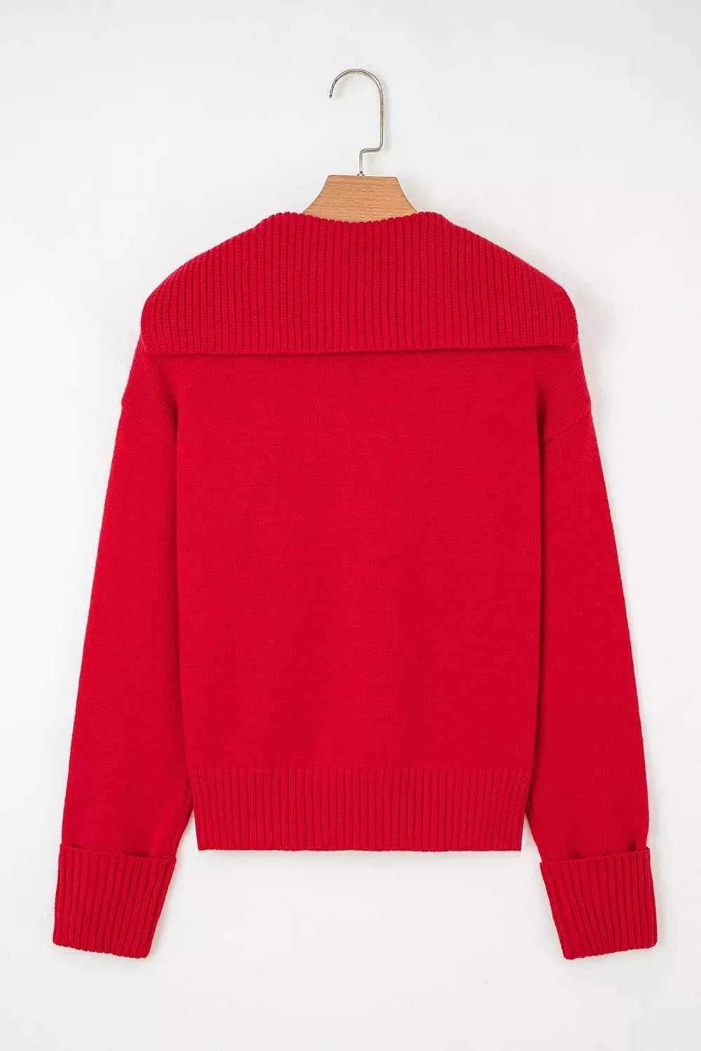 V-Neck Hooded Long Sleeve Ribbed Hem Knit Sweater 5
