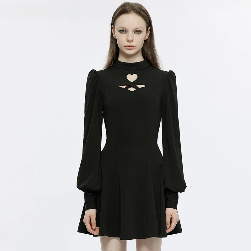 Gothic Heart shaped Puff Sleeves Sexy Black Dress