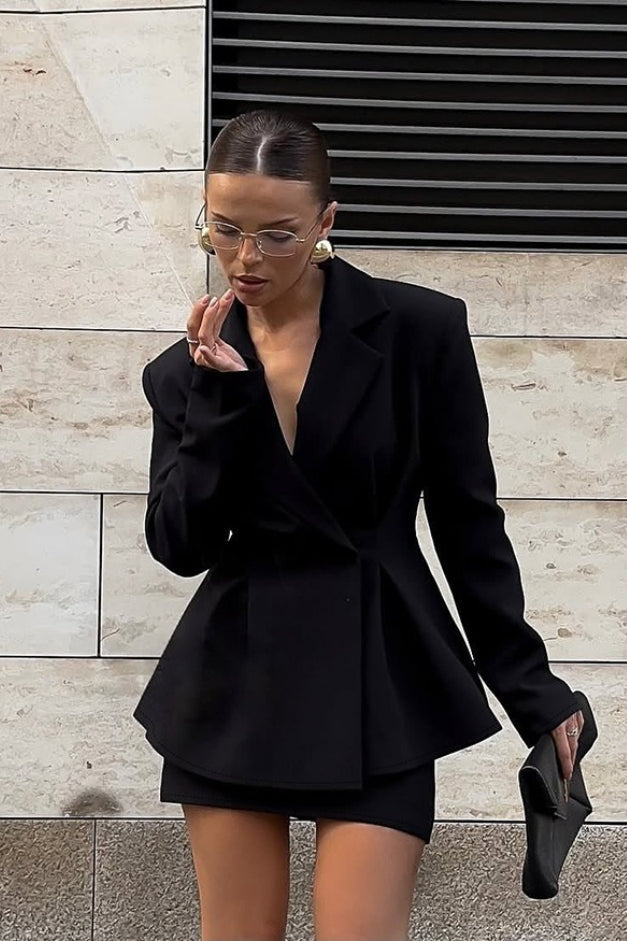 Notch Lapel Padded Shoulder Pleated Peplum Waist Blazer