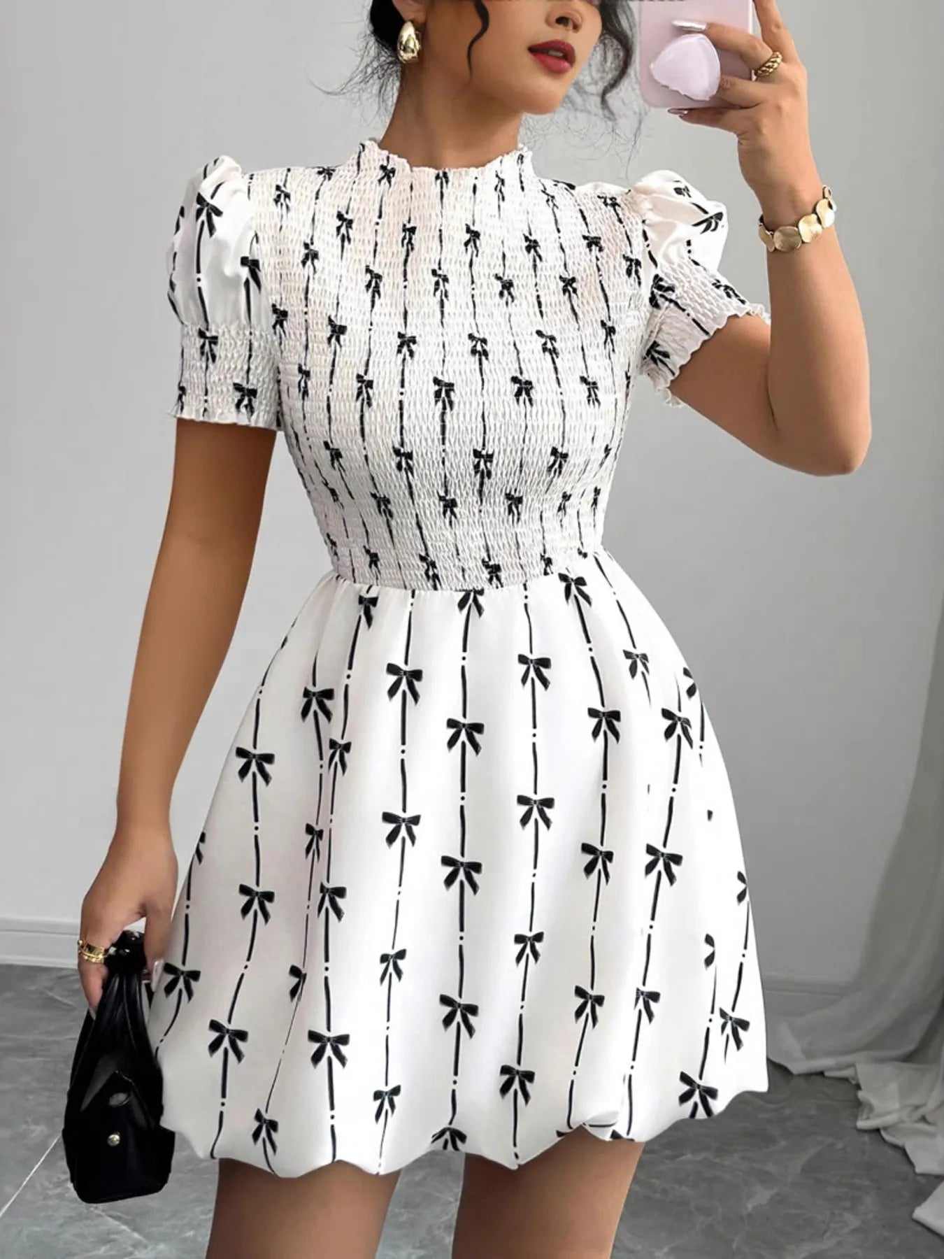 Smocked Bow Print Short Sleeve Dress – White Mini Dress with Black Bow Ties White