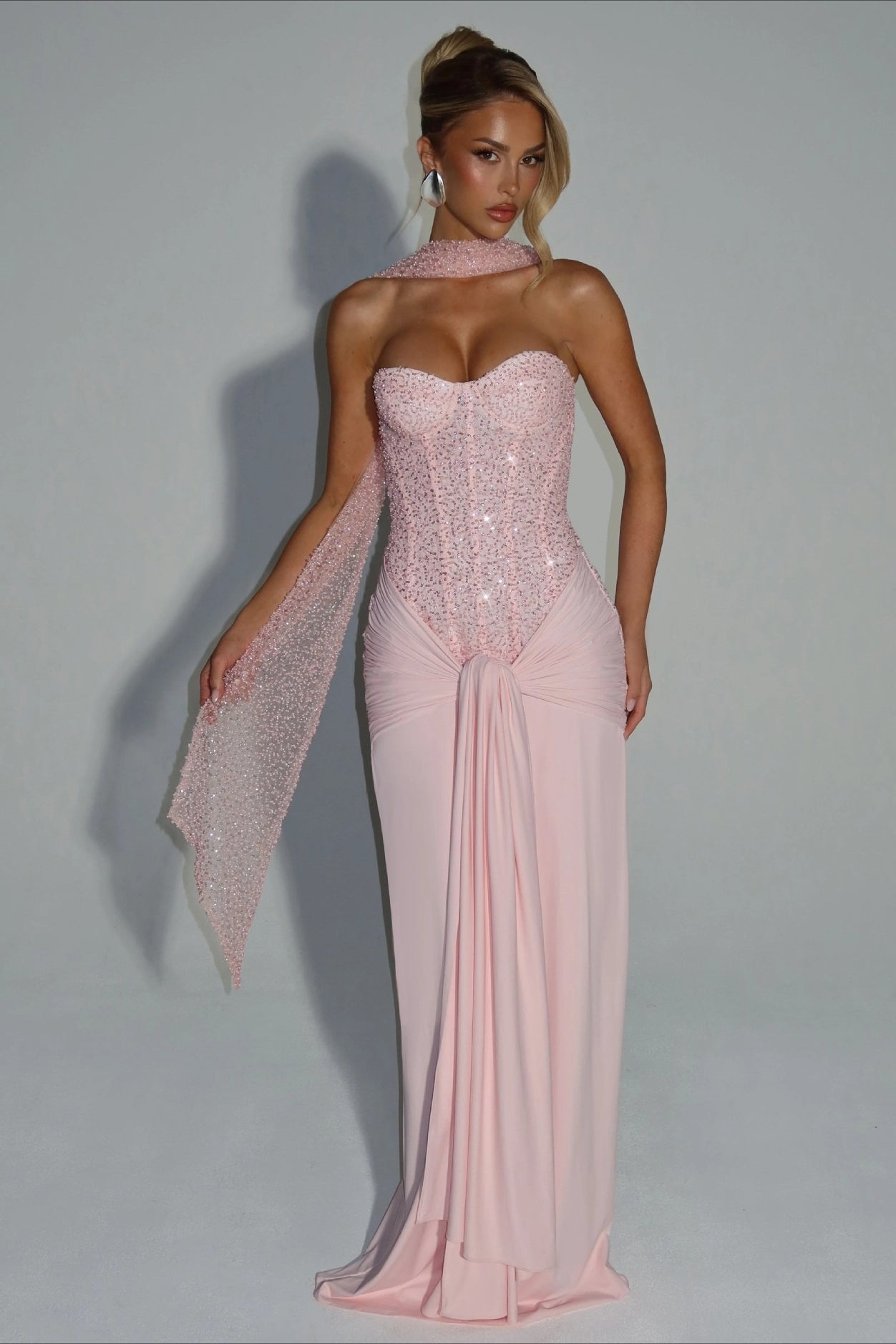Sequin Strapless Corset Ruched High Split Mermaid Maxi Dress