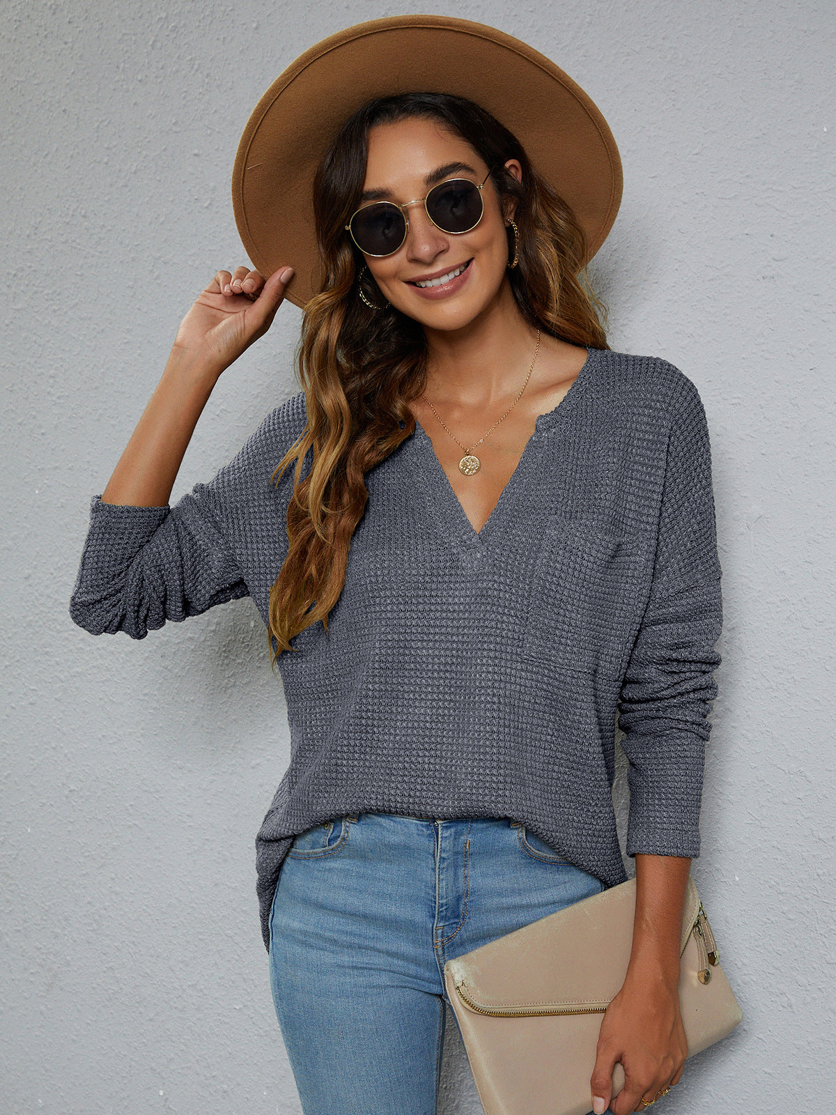 Waffle Knit Notched V-Neck Drop Shoulder Long Sleeve Pocket Top
