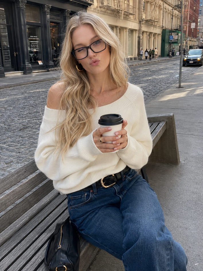 Off Shoulder Fitted Knit Sweater