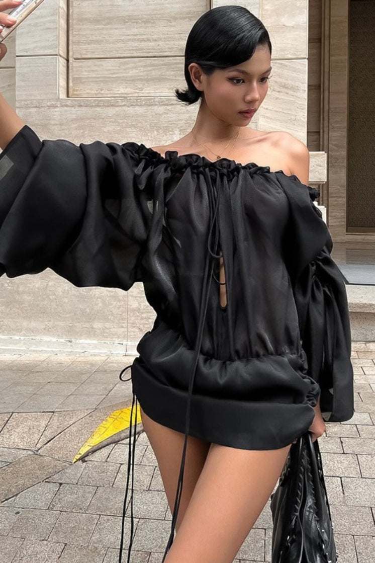 Off Shoulder Mesh Long Sleeve Top