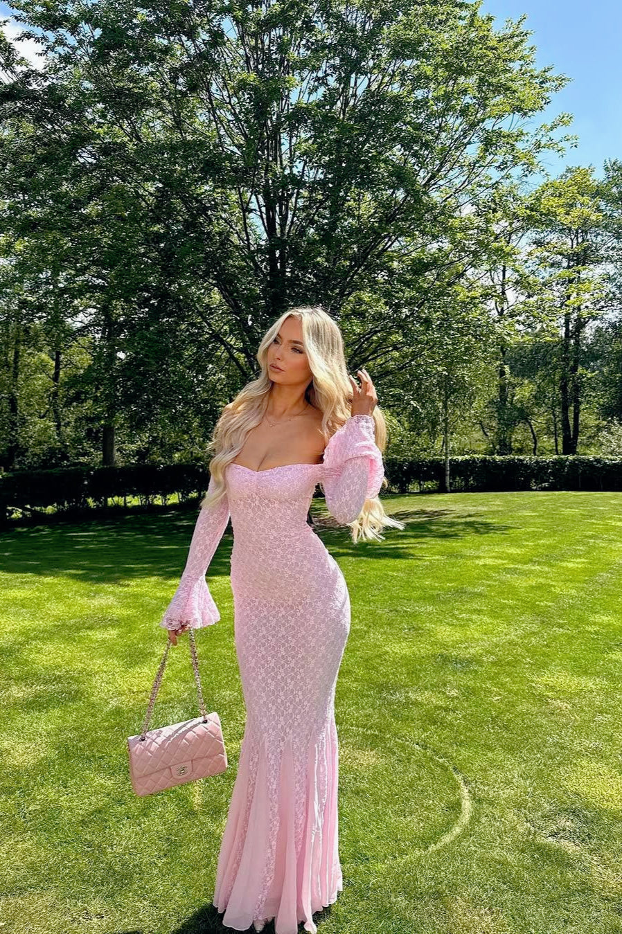 Lace Off Shoulder Bell Sleeve Sweetheart Mermaid Gown