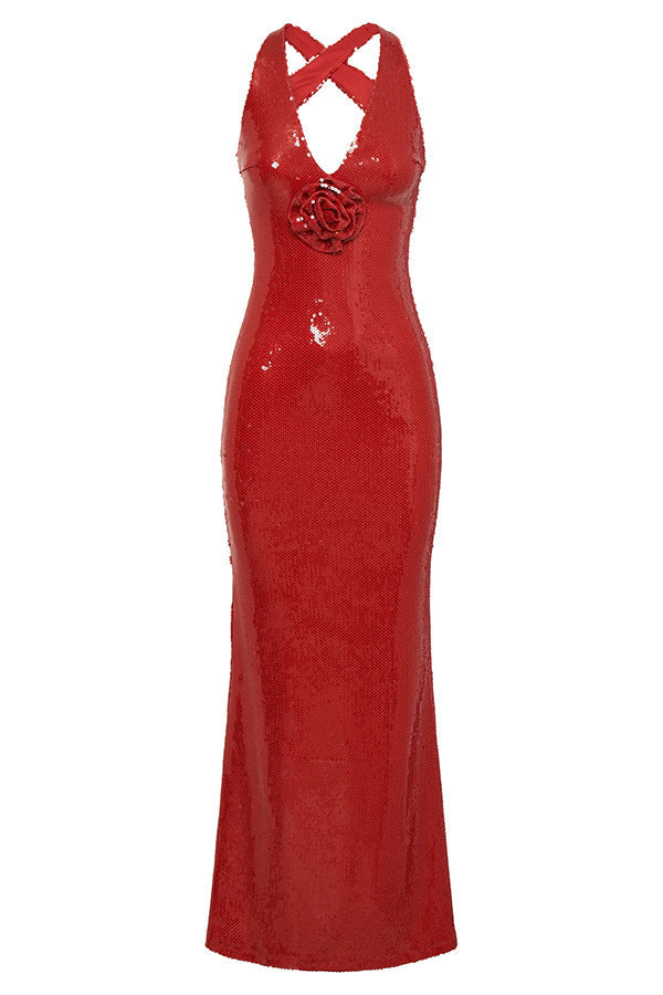 Sequin Halter Neck Floral Applique Backless Mermaid Maxi Dress