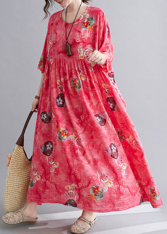 Floral Fan Print Round Neck Empire Waist Short Sleeve Oversized Maxi Dress