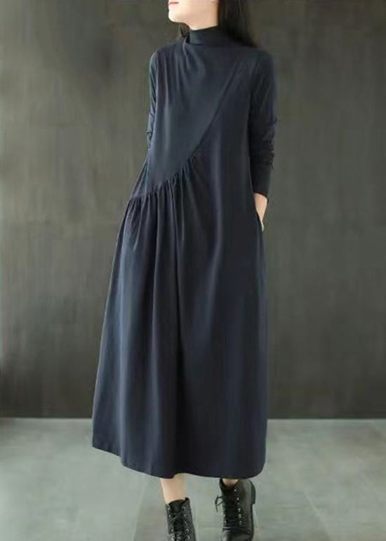Mock Neck Long Sleeve Diagonal Seam Pleated Pocket A-Line Maxi Dress