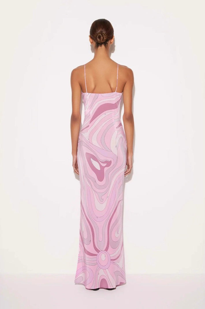Spaghetti Strap Deep V-Neck Abstract Print Satin Slip Maxi Dress
