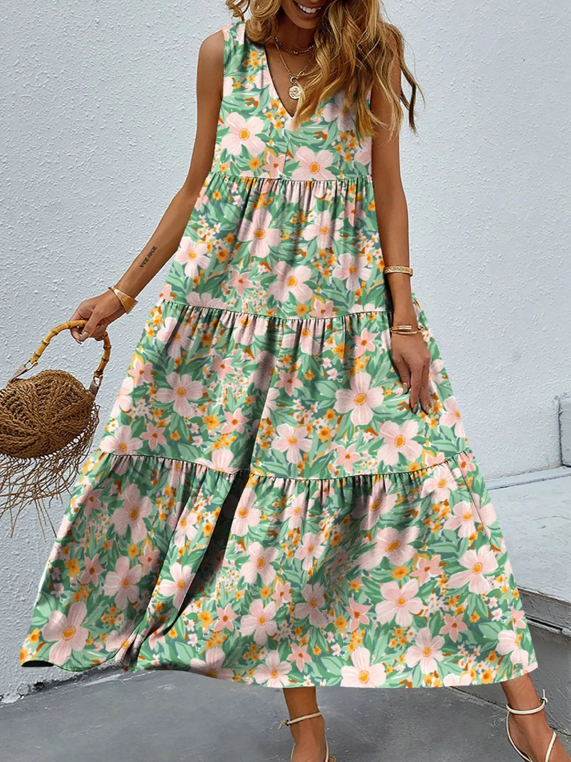 Floral V-Neck Sleeveless Tiered Flowy Maxi Dress - View 4