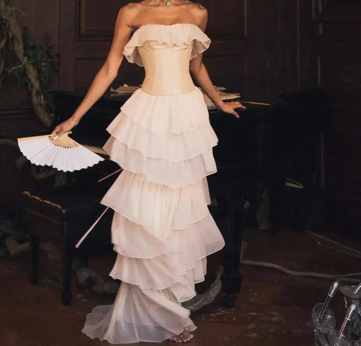 Ruffle White Chiffon Prom Dress