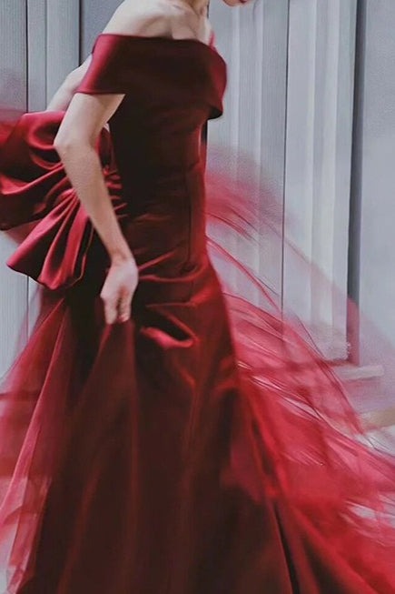 Satin Off Shoulder Tulle Mermaid Gown