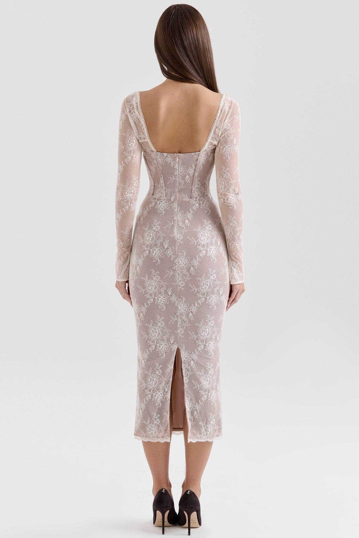 Floral Lace Corset Bodice Sweetheart Long Sleeve Midi Dress 7