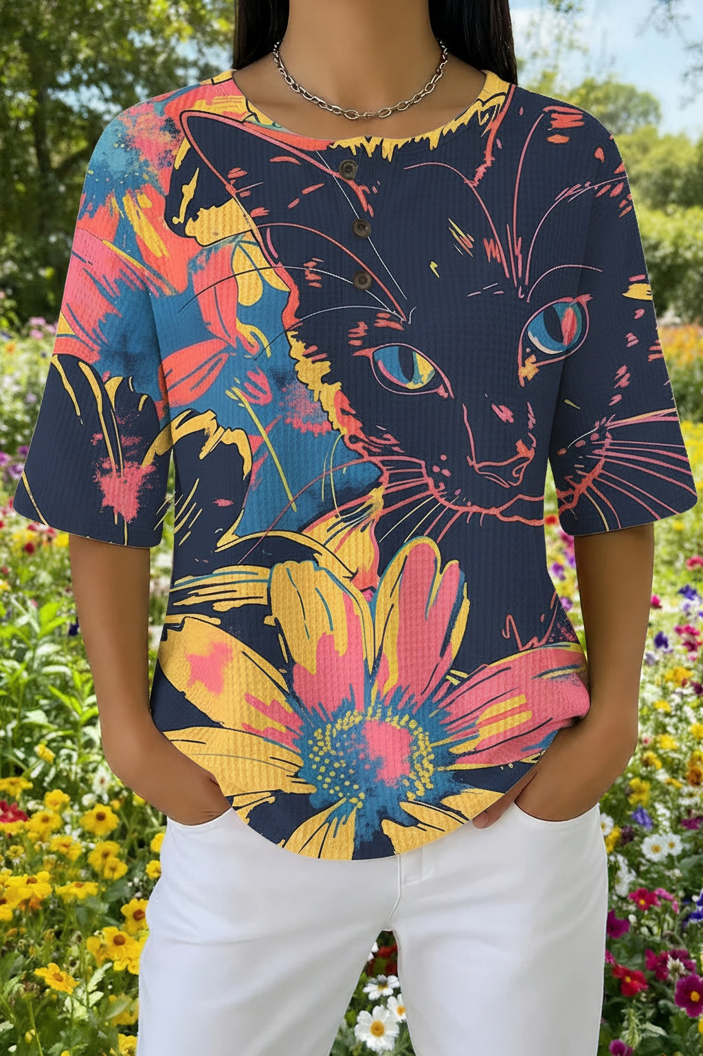 Womens Dark Blue Abstract Floral Cat Print Casual Shirt