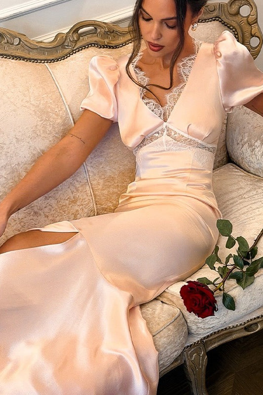 V-Neck Lace Panel Short Sleeve Slit Mermaid Lace Dress