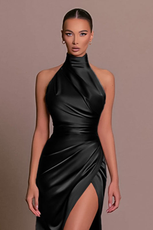 Satin Halter Neck Ruched High Split Mermaid Gown