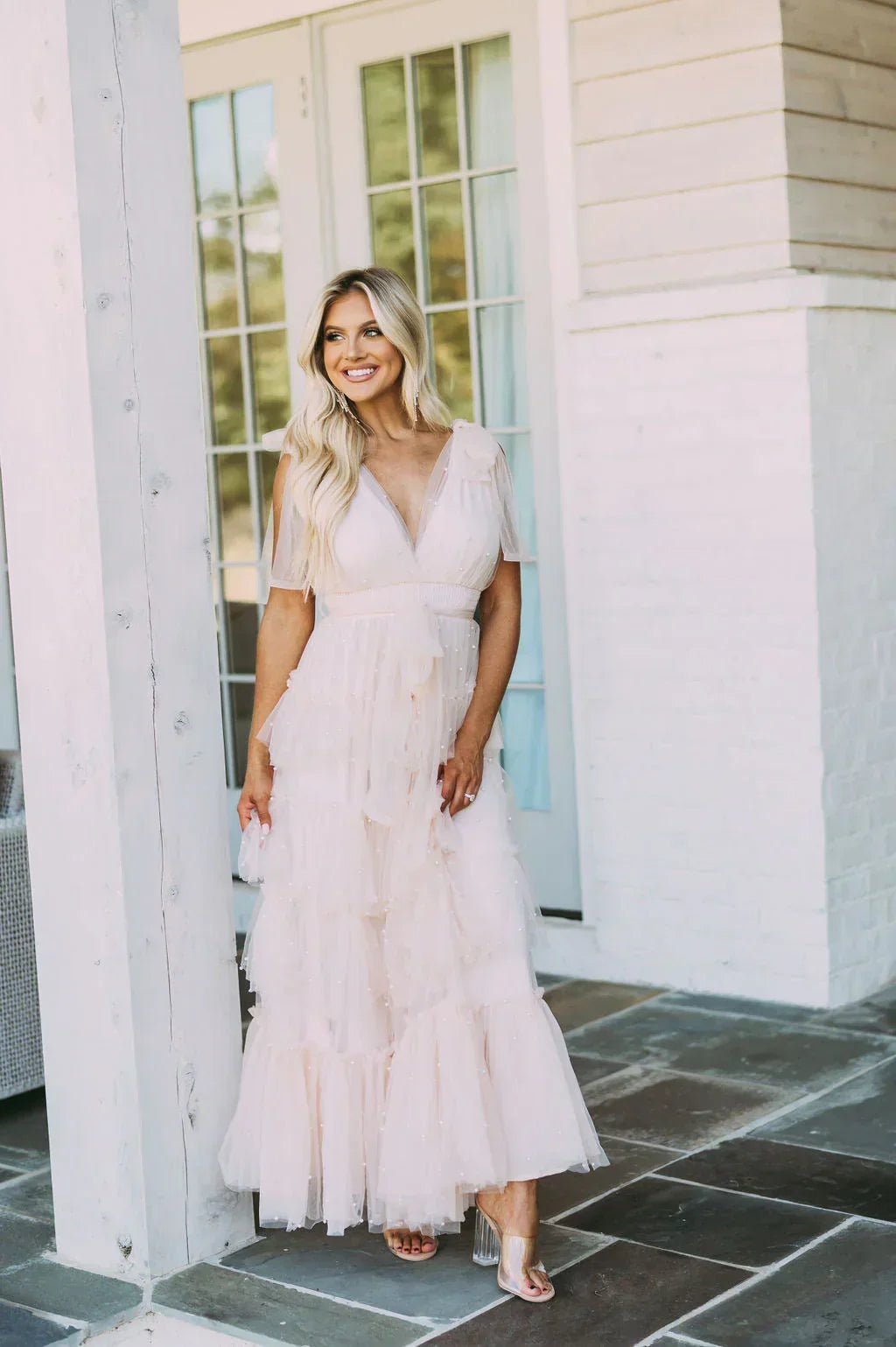 Pearl Embellished Tulle V-Neck Flutter Sleeve Ruffle Tiered Maxi Dress 3