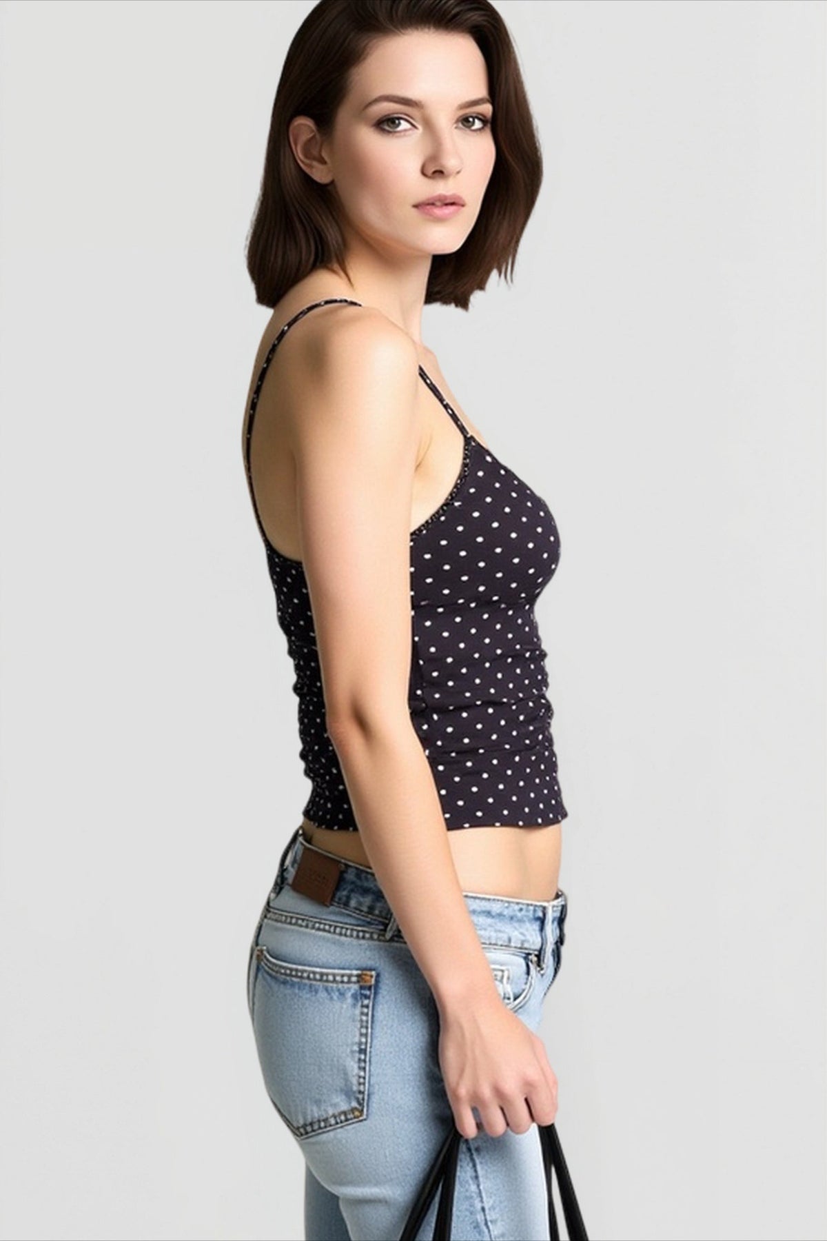 Polka Dot V-Neck Surplice Ruched Spaghetti Strap Cami Crop Top 3