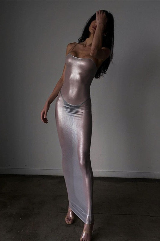 Spaghetti Strap Sheer Shimmer Bodycon Slip Maxi Dress