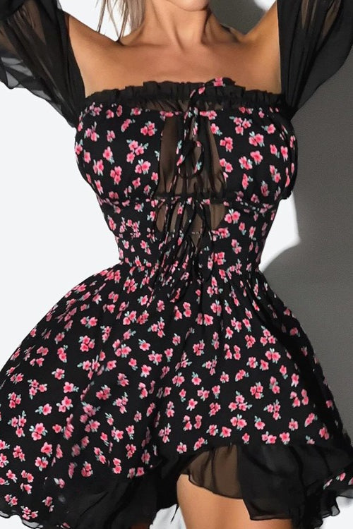 Off Shoulder Puff Sleeve Floral Print Fit and Flare Mini Dress