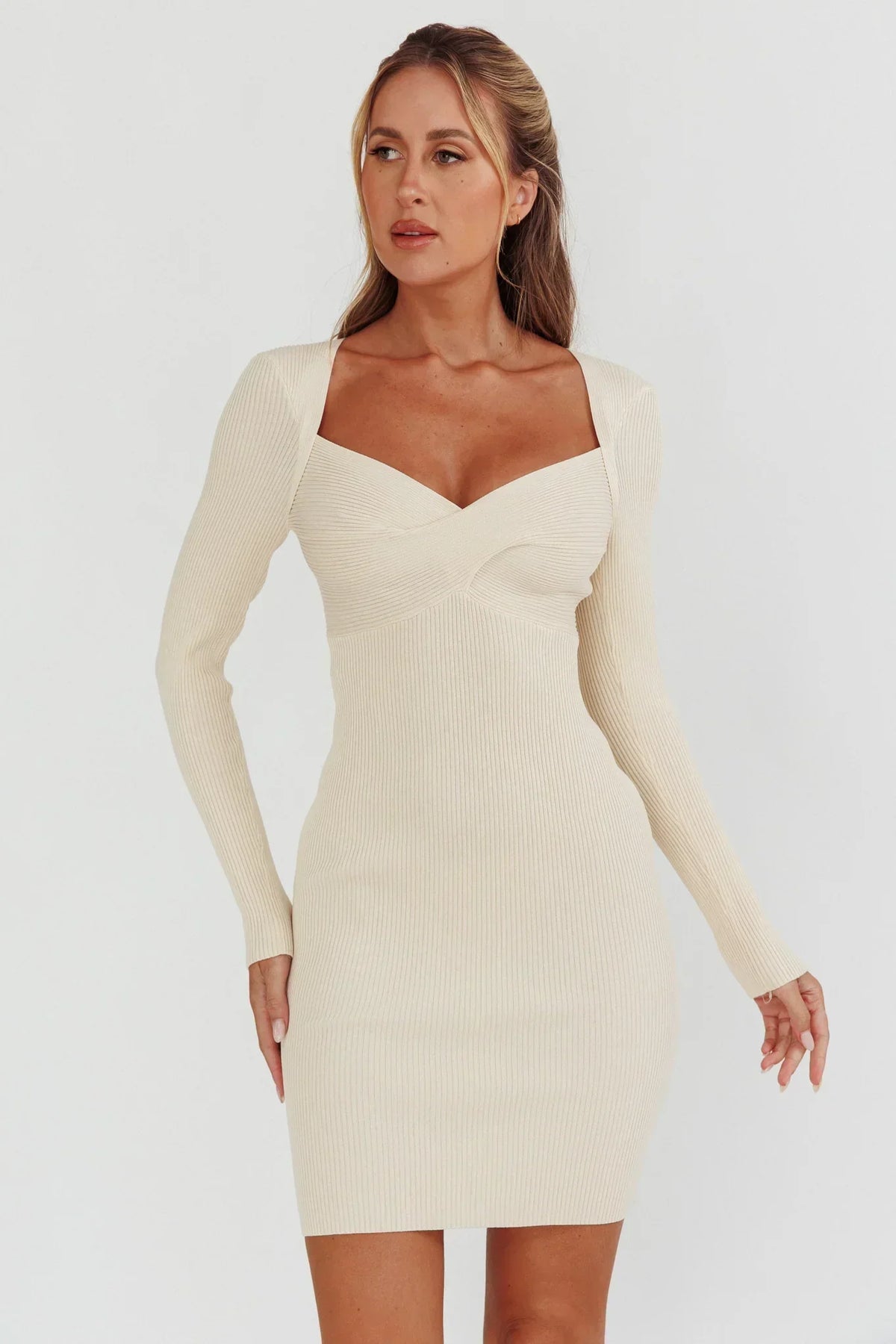 Ribbed Knit Sweetheart Neck Crossover Bust Long Sleeve Bodycon Mini Dress 5