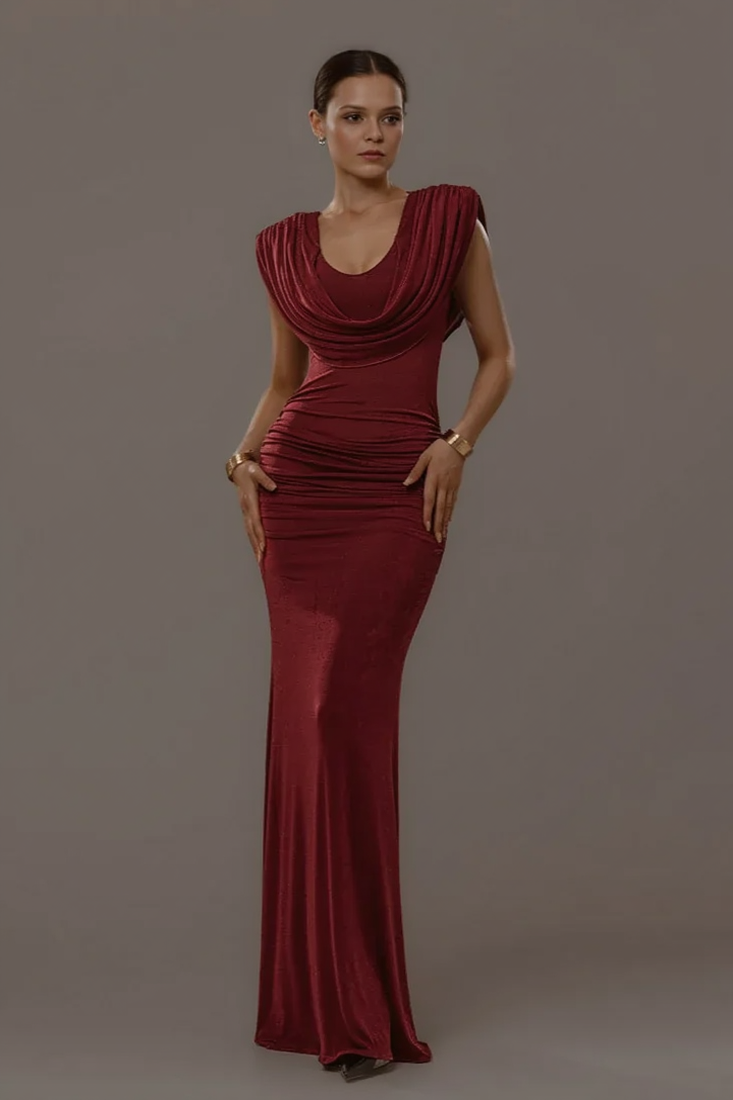 Solid Cowl Neck Ruched Waist Cinch Party Dress 4