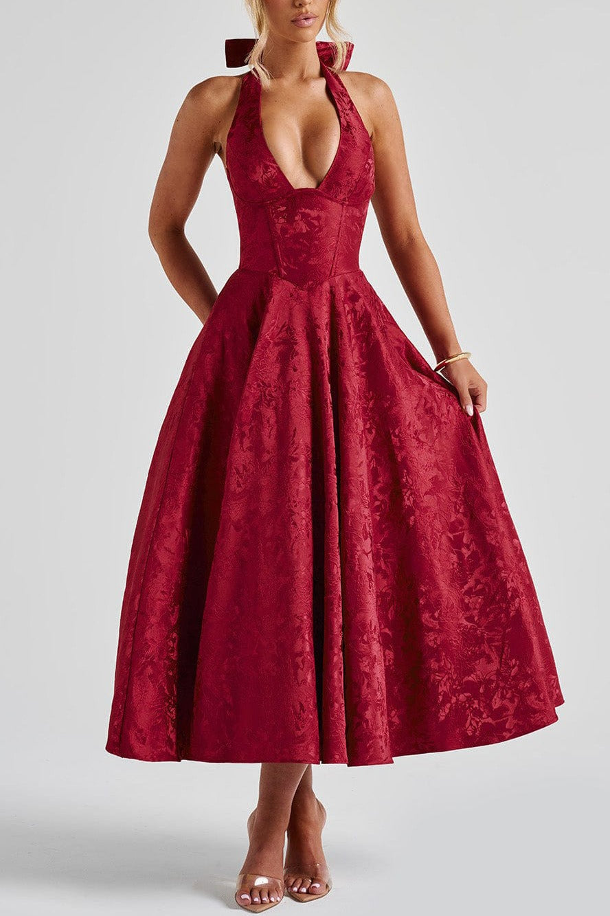 Halter Deep V-Neck Corset Jacquard Fit and Flare Midi Dress