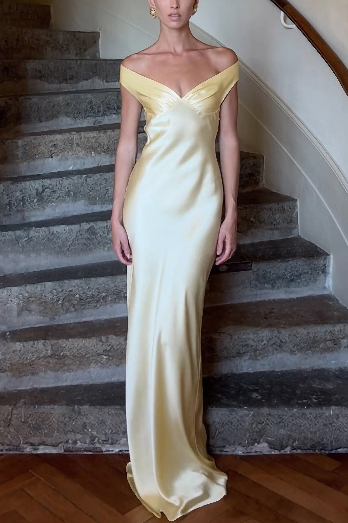 Satin Off Shoulder Ruched Bodycon Maxi Dress