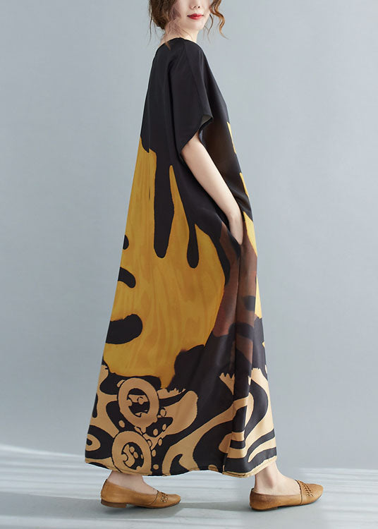 Chiffon V-Neck Short Sleeve Abstract Leaf Print Oversized Kaftan Maxi Dress