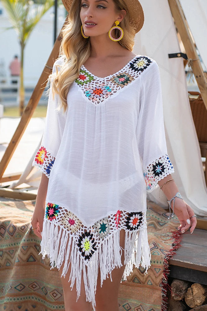V-Neck Crochet Floral Trim Fringe Hem Boho Beach Cover Up