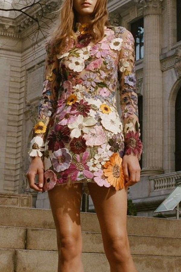 Floral Applique Long Sleeve Sheer Bodycon Mini Dress