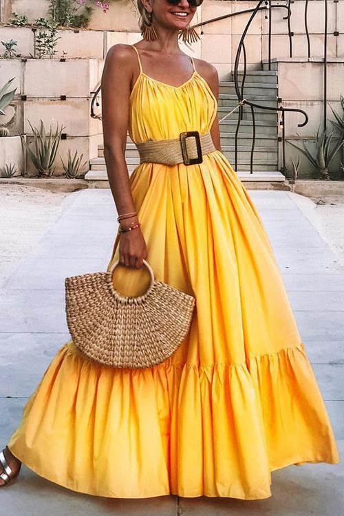 Spaghetti Strap V-Neck Tiered Ruffle Hem Maxi Dress
