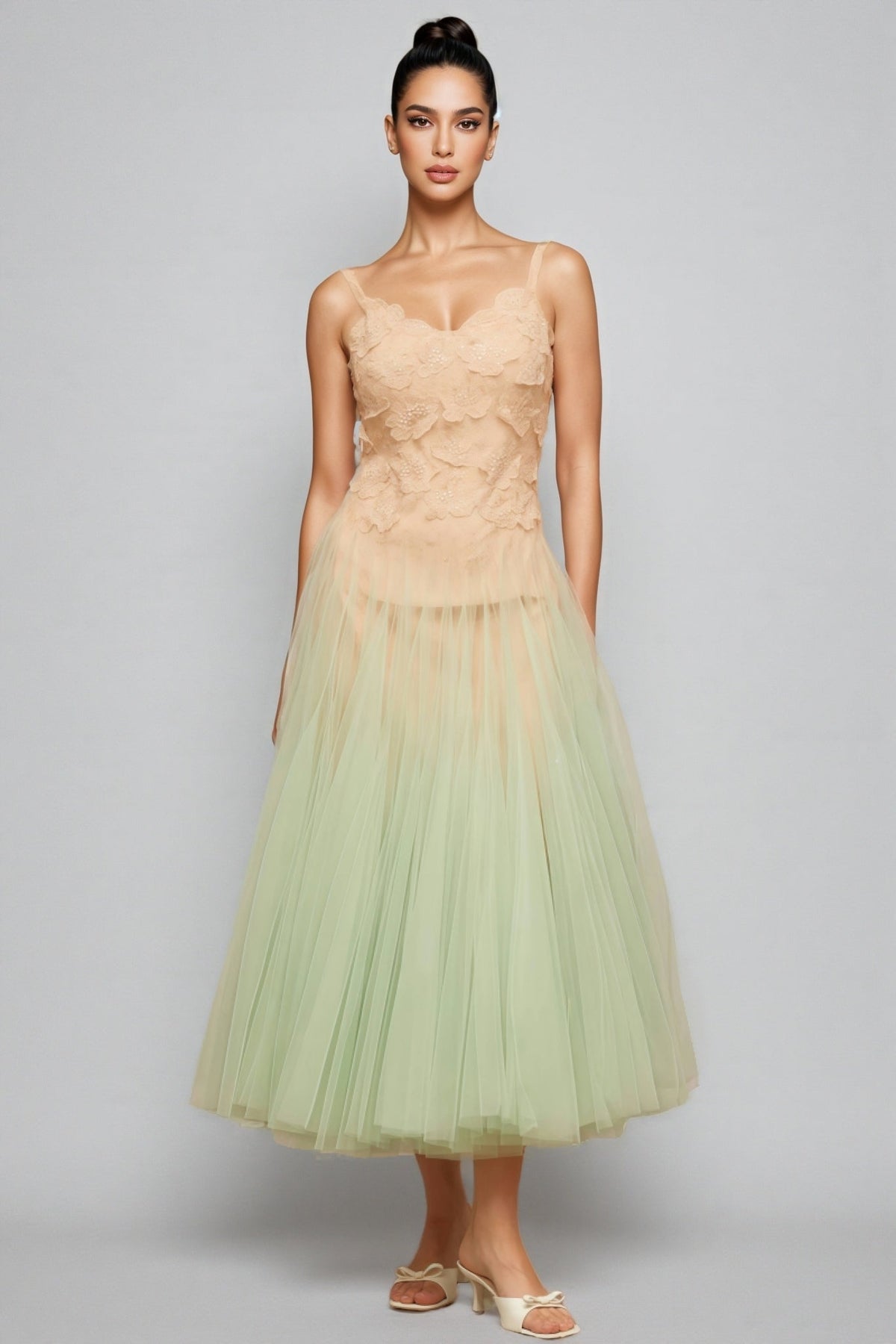 Sweetheart Neck Floral Applique Bodice Drop Waist Tulle Midi Dress
