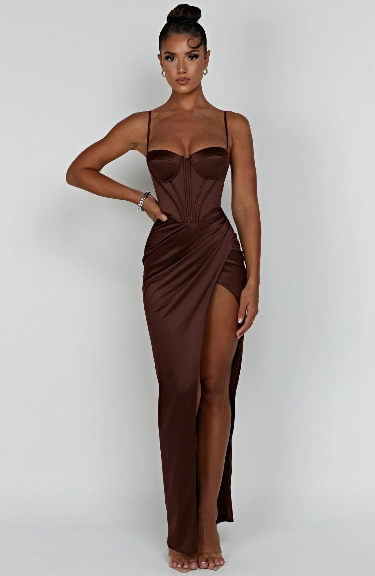 Satin Corset Bustier Cami Strap Wrap High Split Maxi Dress 16