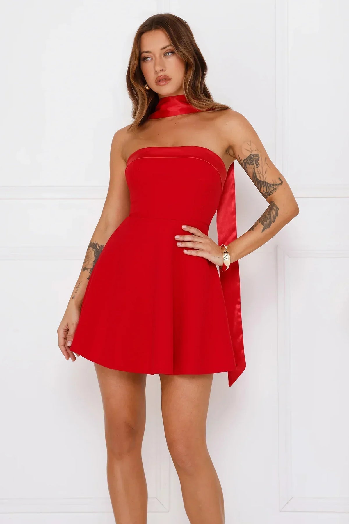 Strapless Fit and Flare Mini Dress with Satin Neck Scarf