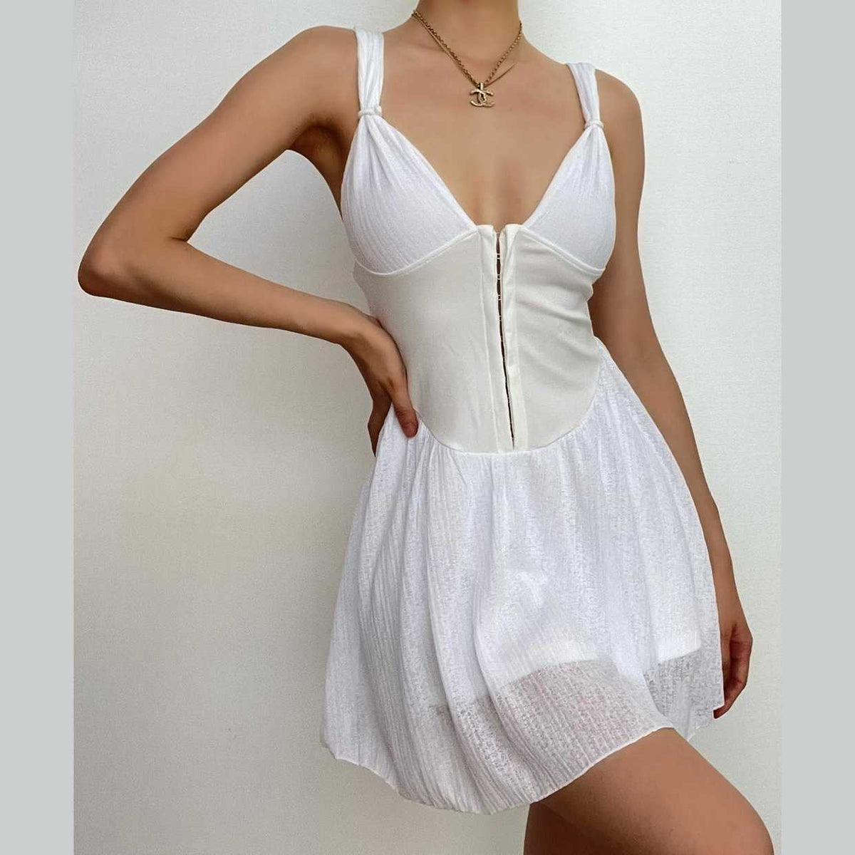 Deep V-Neck Knot Strap Hook Front Corset Waist Flared Mini Dress