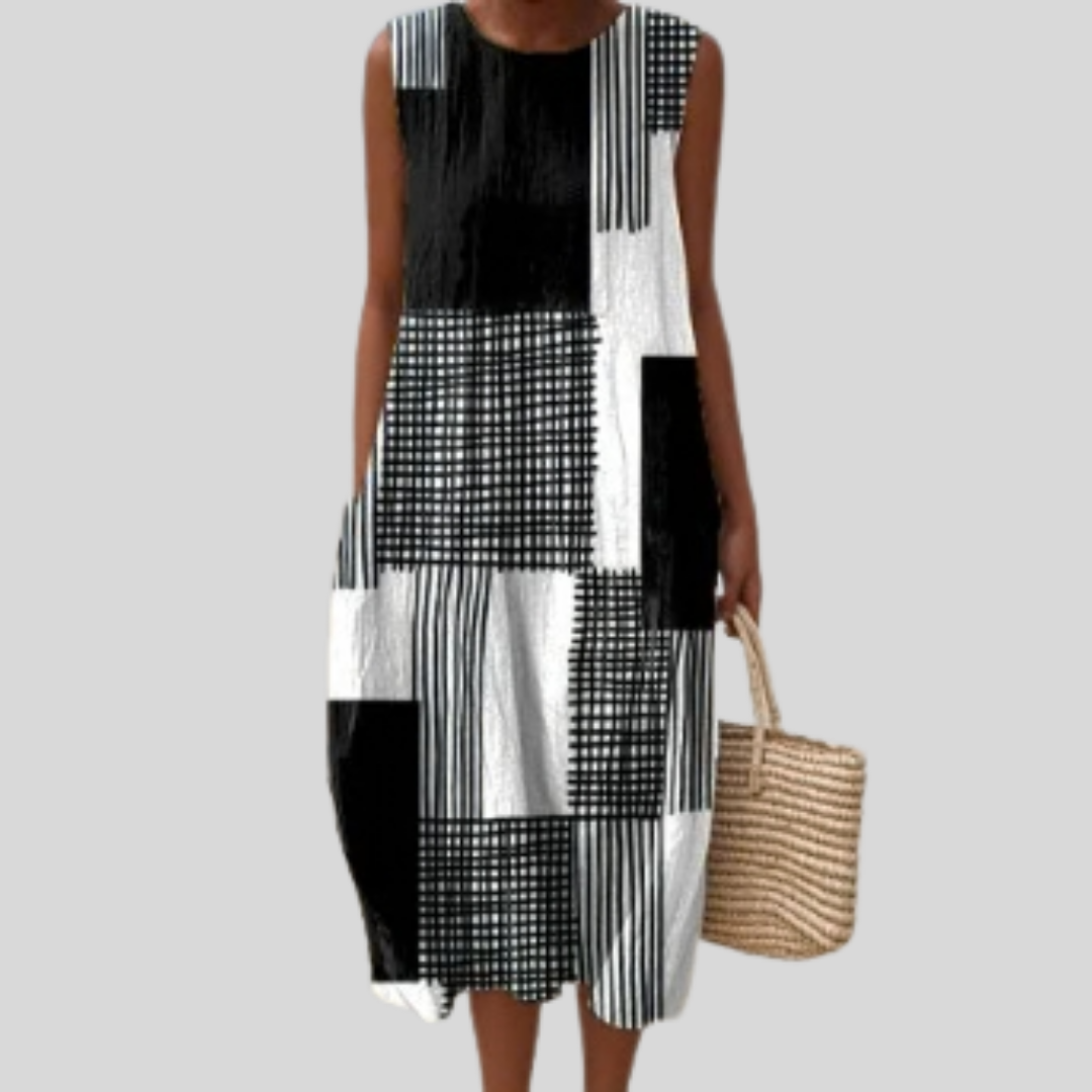 Round Neck Sleeveless Abstract Geometric Print Midi Dress