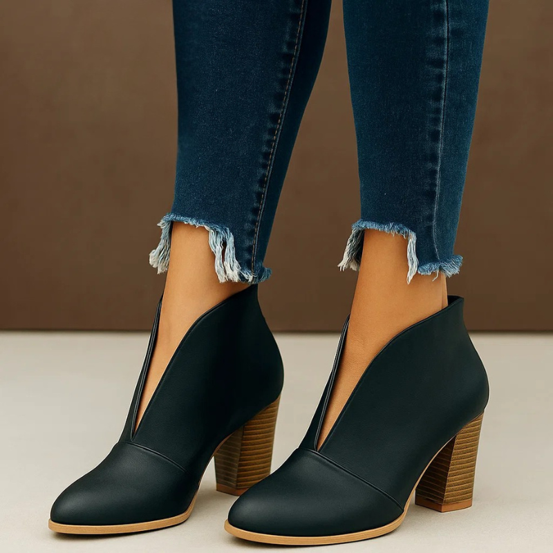 Pointed Toe Cut Out V Front Block Heel Ankle Boots 8