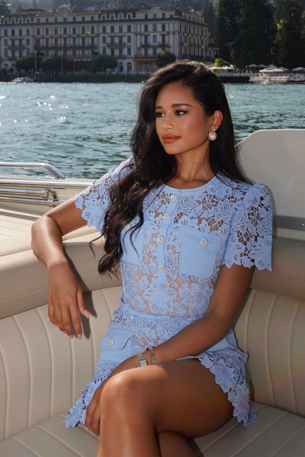Floral Lace Short Sleeve Belted Pocket Button Front Mini Dress - View 7