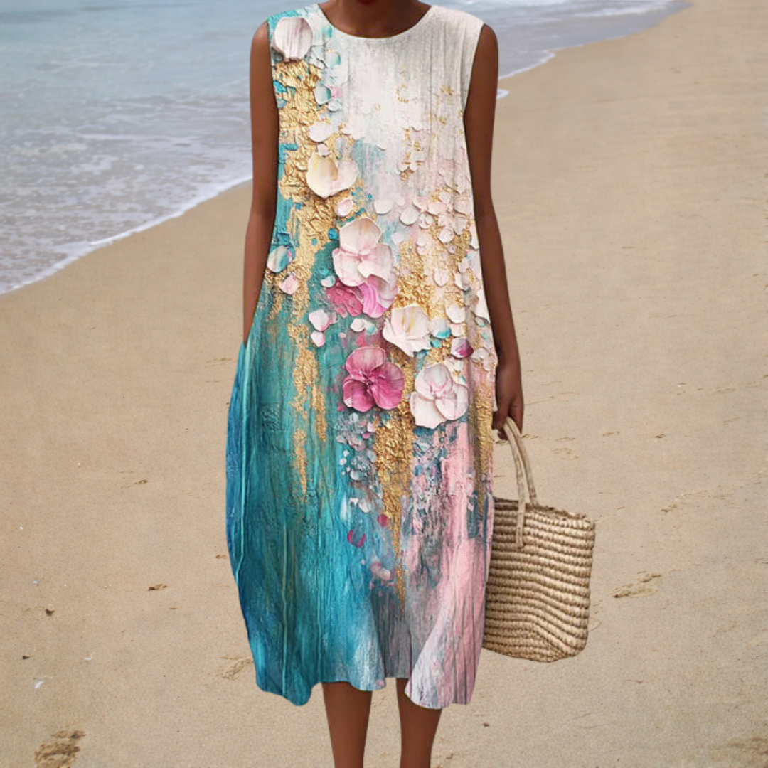Floral Print Round Neck Sleeveless Midi Dress Summer