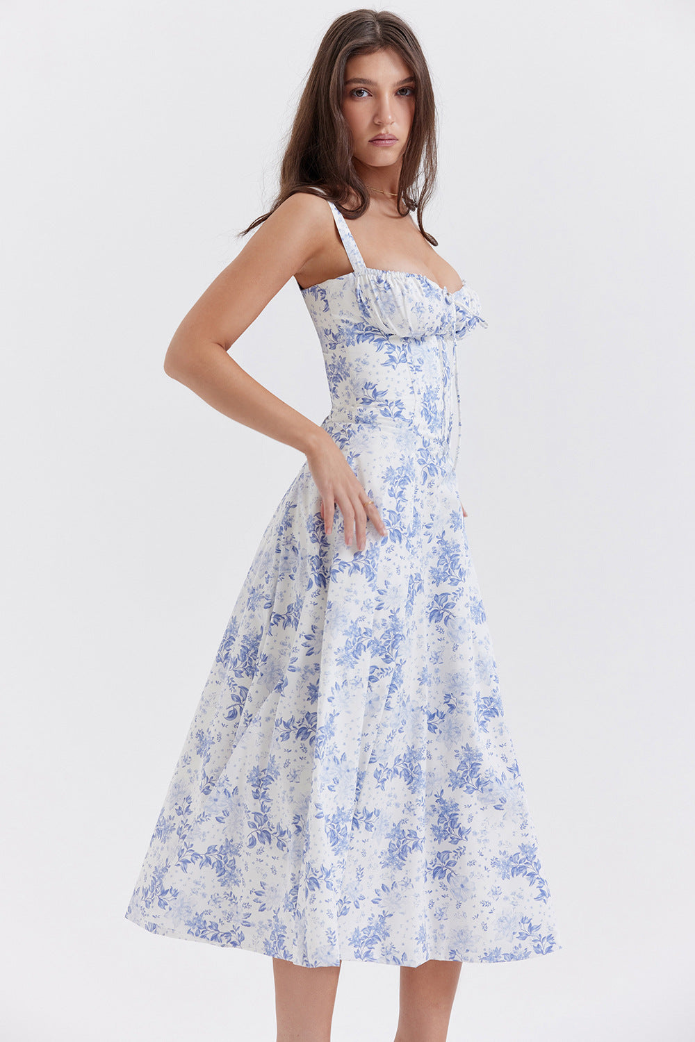 Floral Sweetheart Spaghetti Strap Corset Fit and Flare Midi Dress