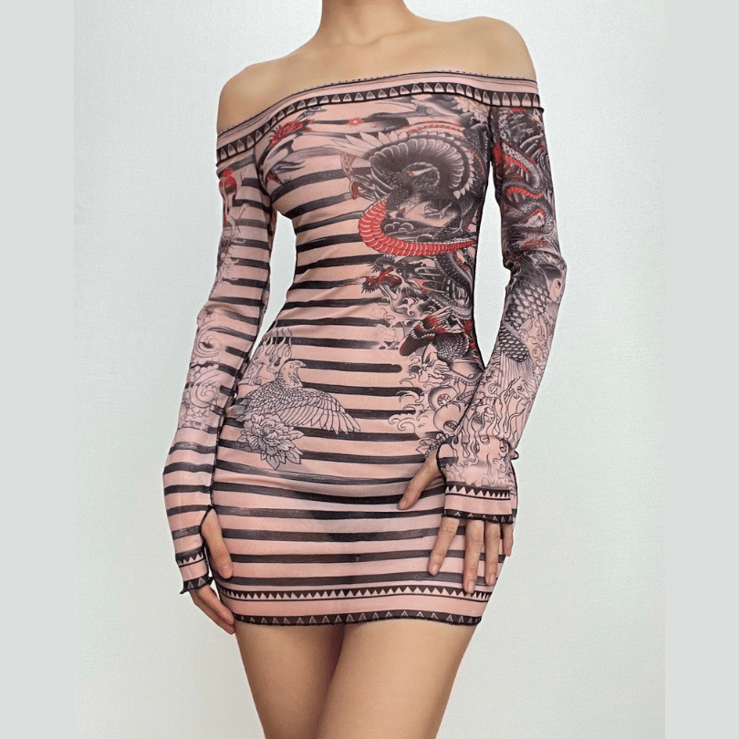 Off Shoulder Long Sleeve Striped Dragon Print Mesh Bodycon Mini Dress