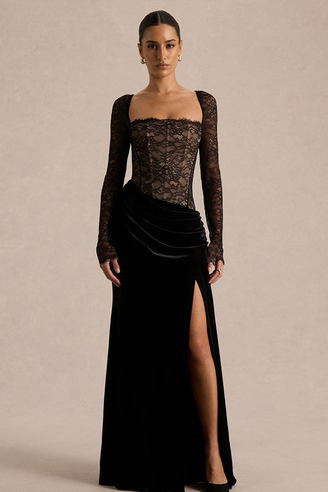 Lace Panel High Slit Long Sleeve Maxi Lace Dress