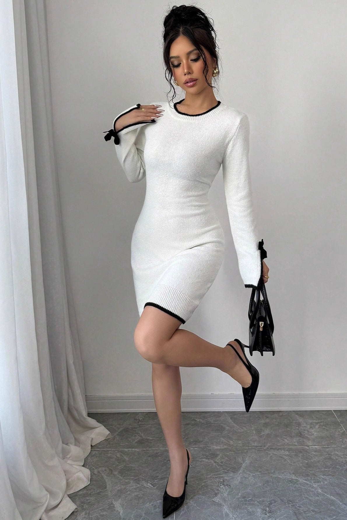 Color-Block Long Sleeve Knit Slim Sweater Dress
