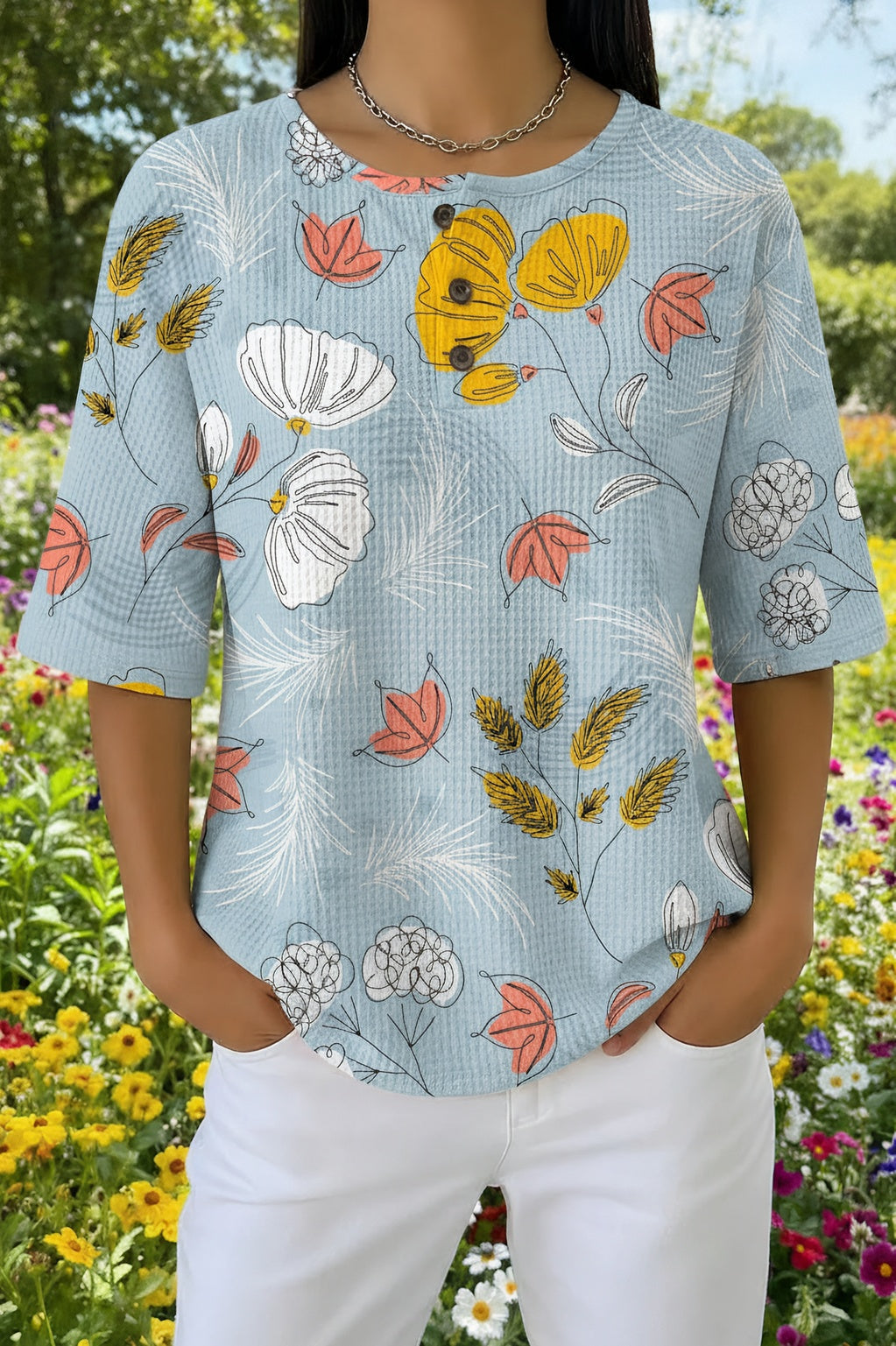 Womens Light Blue "Love" Floral Print Casual Henley Shirt