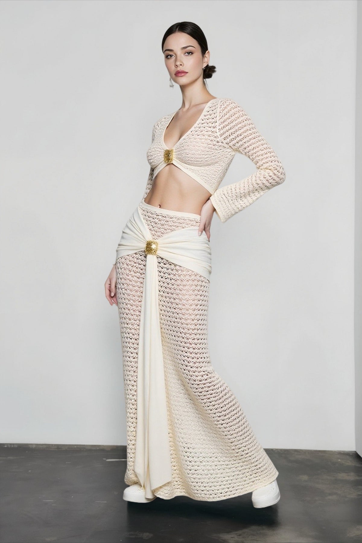 Crochet Knit Long Sleeve Crop Top and Draped Maxi Skirt Two Piece Set 3